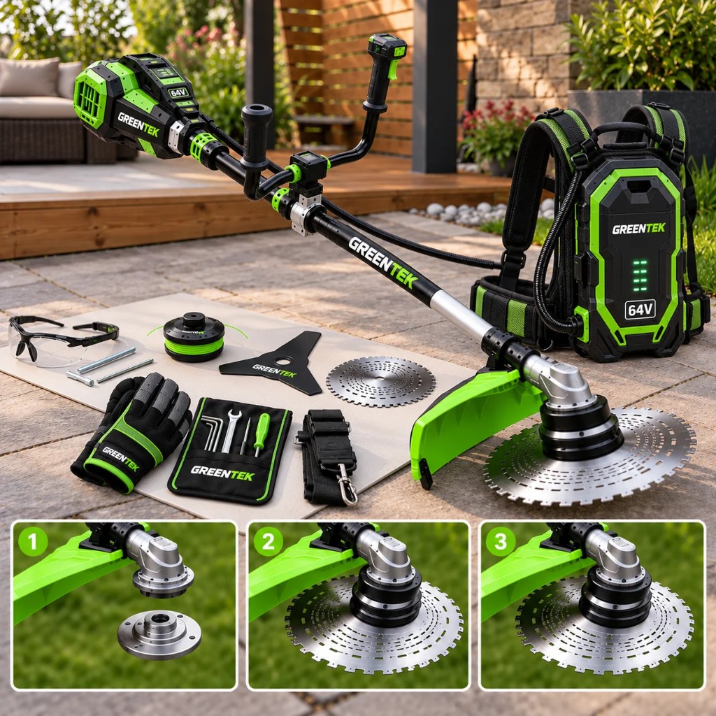 Motore brushless Green Tek con lame in acciaio per erba alta e rovi